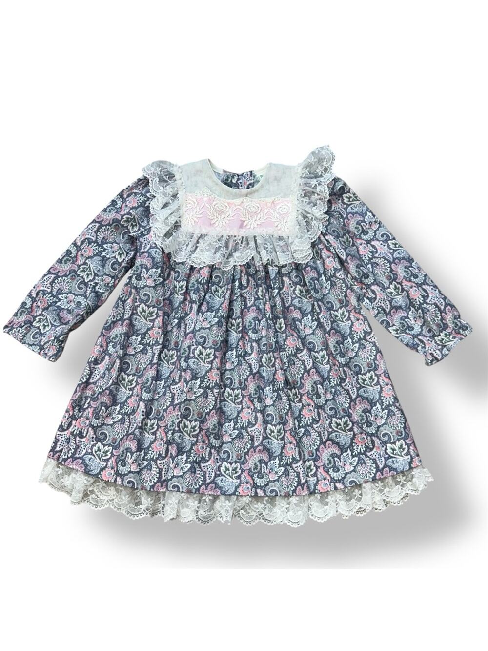 Vintage Peaches ‘n Cream Gray Pink Paisley Ruffle Dress Size 4